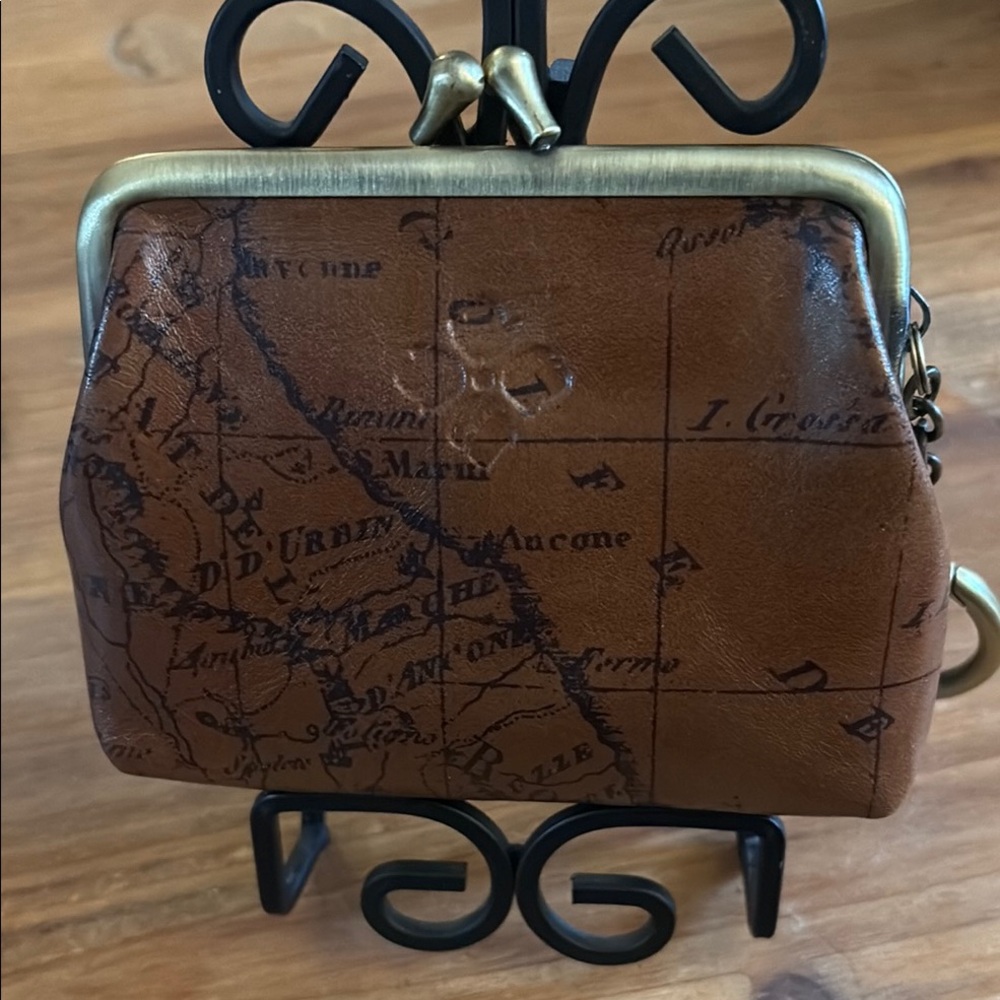 Vintage Map Print Leather Kiss-Lock Coin Purse - Brown